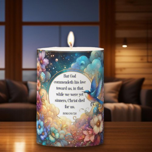 Christian Scripture Romans 58 Art Nouveau Floral Pillar Candle