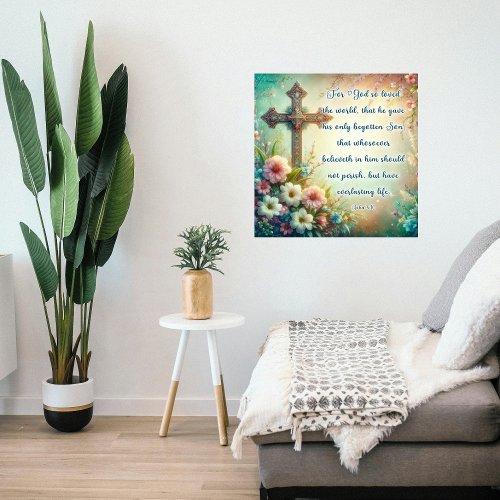 Christian Scripture Vintage Cross Floral Easter Poster