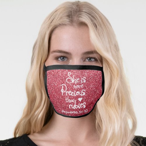 Christian She Is More Precious Bible Red Glitter Face Mask