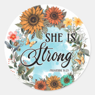 Christian She is Strong Proverbs Floral 31 :25 Classic Round Sticker