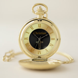 Christian simple gold cross on monogram pocket watch
