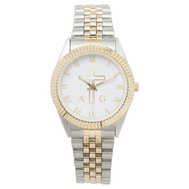 Christian simple gold cross on monogram watch (Front)