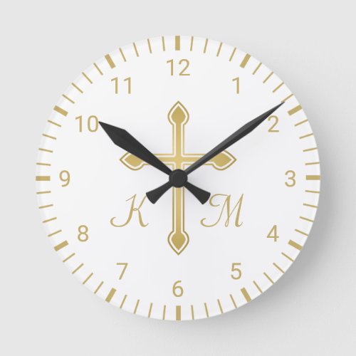 Christian Simple Gold Cross on White Monogram Round Clock