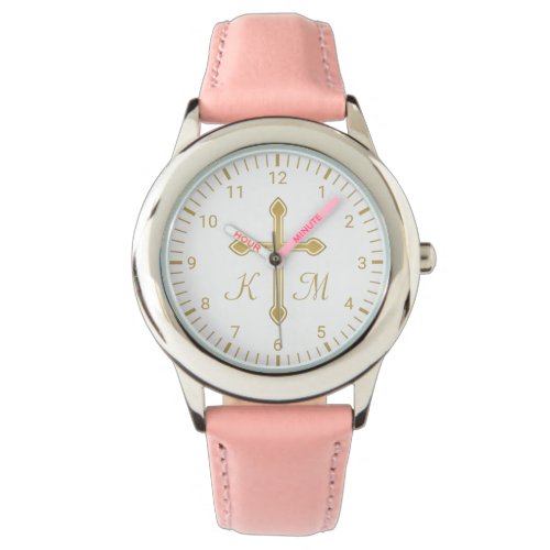 Christian Simple Gold Cross on White Monogrammed Watch