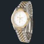 Christian Simple Gold Cross on White Monogrammed Watch<br><div class="desc">This watch features a Christian faux gold cross in the center with monogrammed initials for you to personalize. The background of the face is white with faux gold markings and numbers for the time. The perfect gift for religious occasions like first communion and confirmation. Designed by artist ©Susan Coffey.</div>