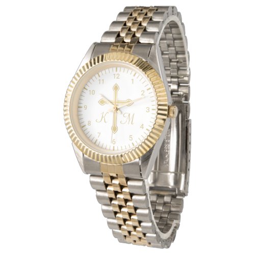 Christian Simple Gold Cross on White Monogrammed Watch