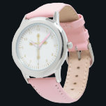 Christian Simple Gold Cross on White Watch<br><div class="desc">This watch features a Christian cross in the center that is pink and white with pink roses in the center. The background of the face is with with faux gold markings and numbers for the time. The perfect gift for religious occasions like first communion. Designed by artist ©Susan Coffey.</div>