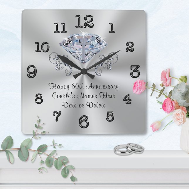 Christian Sixtieth Wedding Anniversary Gift Square Wall Clock (60th Anniversary Gift Ideas for Parents, Grandparents, Friends and Family. Custom, Diamond Clock. )