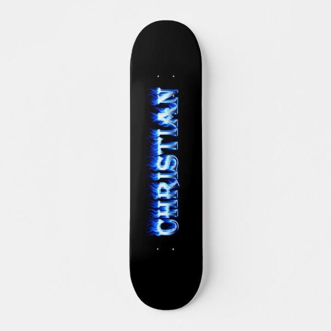 Christian skateboard blue fire and flames design deck (Front)