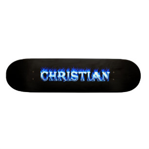 Christian skateboard blue fire and flames design deck