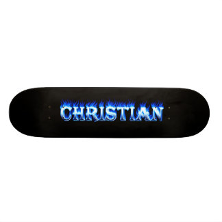 Christian skateboard blue fire and flames design deck