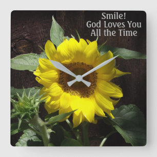 Christian Sunflower Smile God Loves You Square Wall Clock