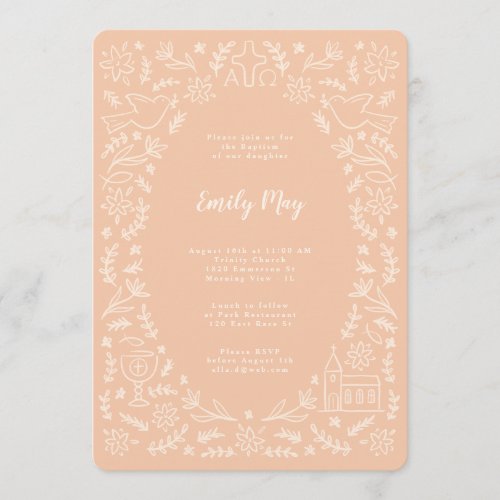 Christian Symbols and Floral Hand-drawn Whimsical Invitation