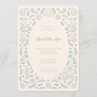 Christian Symbols Baptism Invitation Blue & Cream