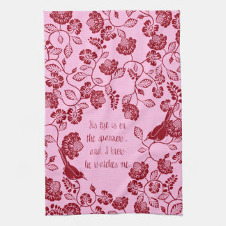Christian Tea Towel His Eye is on the Sparrow Pink