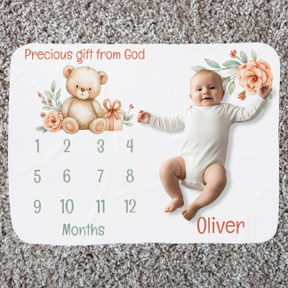 Christian Teddy Bear Milestone Baby Blanket
