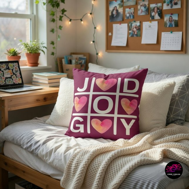 Christian Tic Tac Toe Joy God Hearts Throw Pillow (Dorm vibes just got an upgrade. Joy, faith, and cozy energy.)