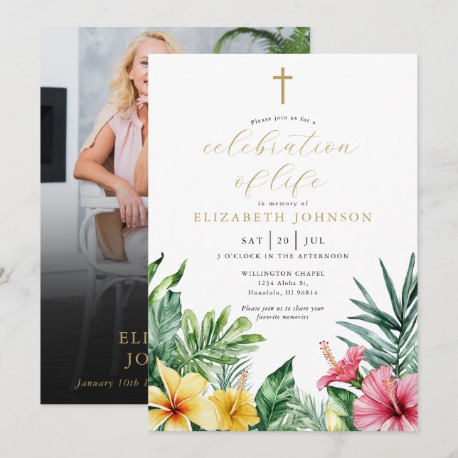 Christian Tropical Celebration Of Life Photo Invitation (Front/Back)