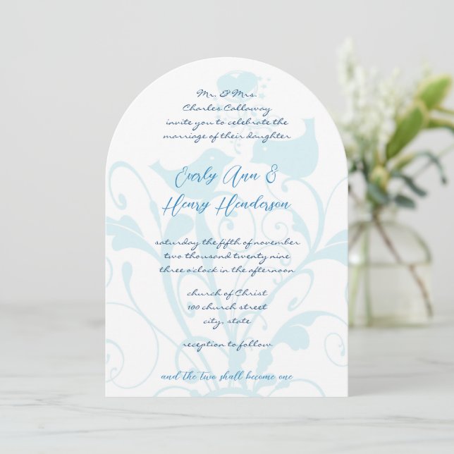 Christian Two Become One Blue Love Birds Wedding  Invitation (Standing Front)