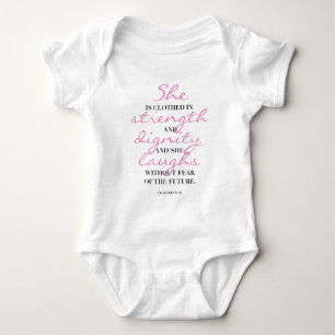Christian typography. Proverbs 31:25. She laughs. Baby Bodysuit