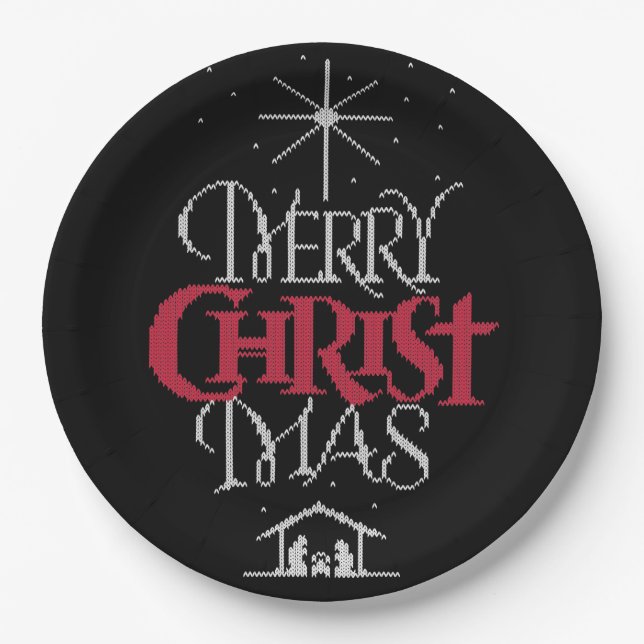 Christian Ugly Merry Christmas Sweater nativity Paper Plates (Front)