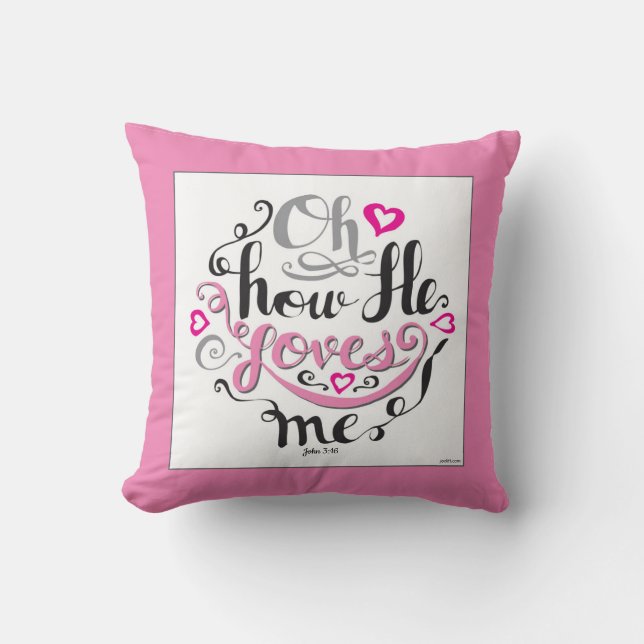Christian Valentines Day Jesus Loves Me Pink White Throw Pillow (Front)