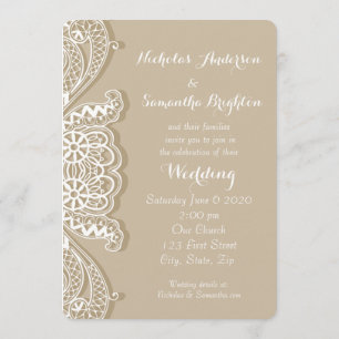 Christian Vintage Classic White Lace Taupe Wedding Invitation