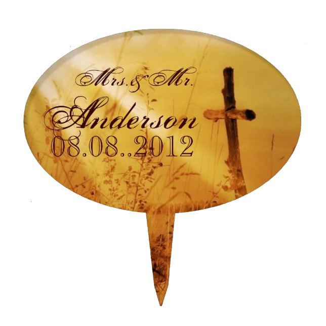 Christian vintage country cross wedding cake topper (Front)