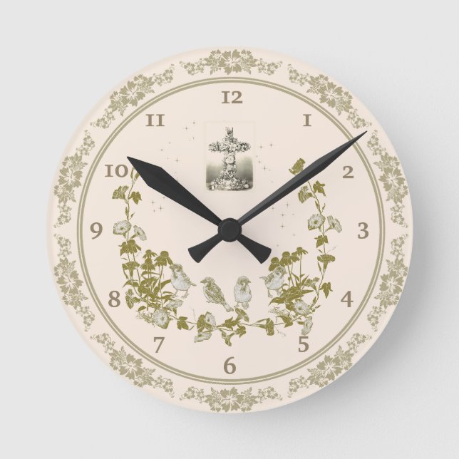 Christian Wall Clock with Birds, Flowers, Cross (Front)