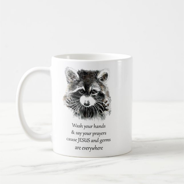 Christian Washroom Wash your Hands Raccoon Animal Coffee Mug (Left)