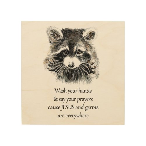 Christian Washroom Wash your Hands Raccoon Animal Wood Wall Art