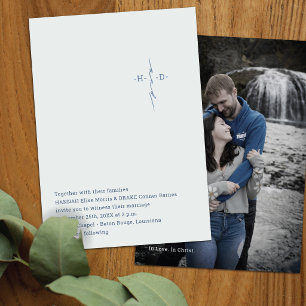 Christian Wedding Blue Couple's Initials Cross Invitation
