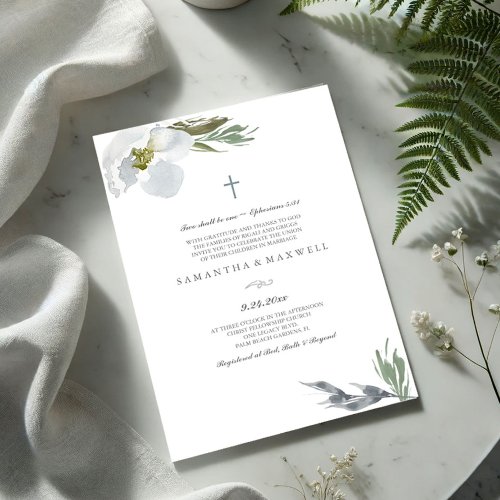 Christian Wedding Cool Grey Watercolor Florals Invitation