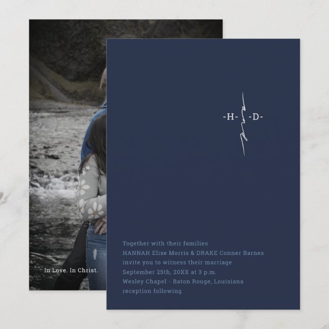 Christian Wedding | Couple's Initials Cross | Blue Invitation (Front/Back)