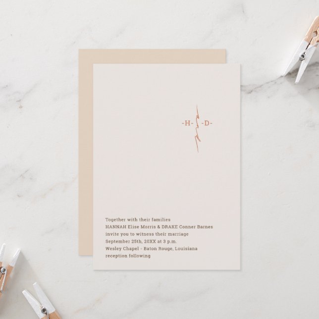 Christian Wedding Hand Lettered Monogram Cross Invitation (Front/Back In Situ)