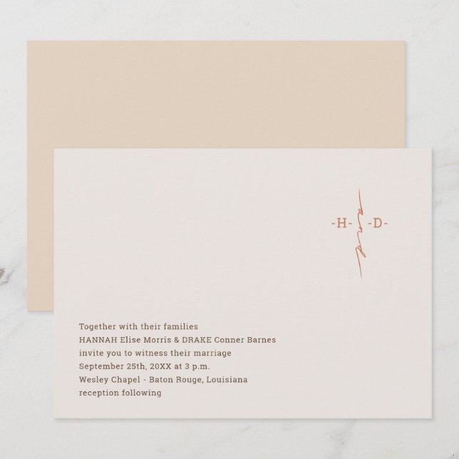 Christian Wedding Hand Lettered Monogram Cross Invitation (Front/Back)