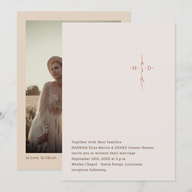 Christian Wedding Hand Lettered Monogram Cross Invitation (Front/Back)