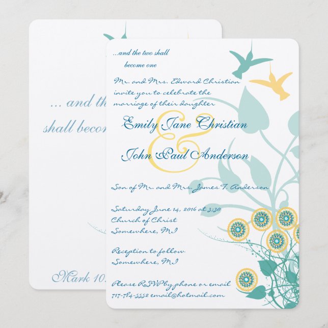 Christian Wedding Invitation Hummingbirds Floral (Front/Back)