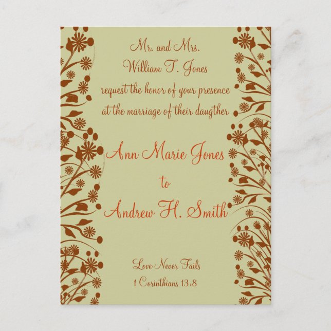 Christian Wedding Invitation Orange and Brown Postcard (Front)