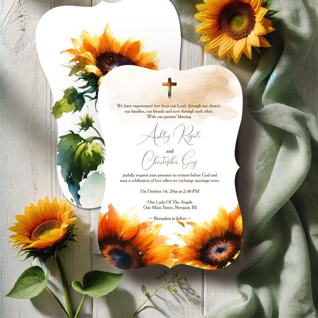 Christian Wedding Invitations - Sunflowers (Christian wedding invitations watercolor sunflowers rustic shades of yellows and greens)