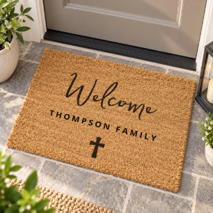 Christian Welcome Family Name Simple Cross Fiber Doormat