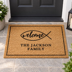 Christian Welcome Fish Symbol Family Name Fiber Doormat