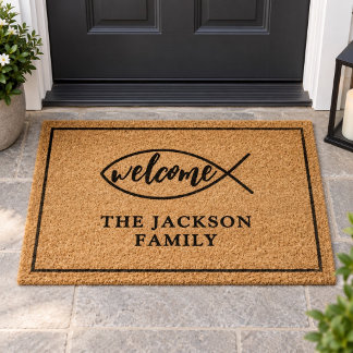 Christian Welcome Fish Symbol Family Name Fiber Doormat