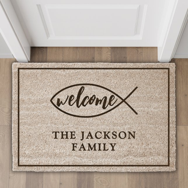 Christian Welcome Fish Symbol Family Name Fiber Doormat (Creator Uploaded)