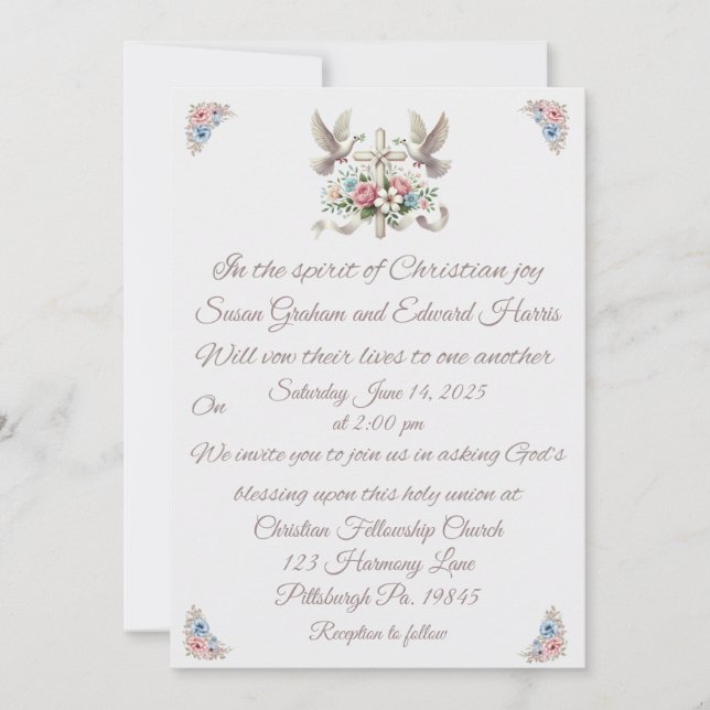 Christian White Doves and Cross Wedding Invitation (Front)
