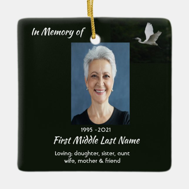 Christian White Egret Bird Memorial Keepsake  Ceramic Ornament (Front)
