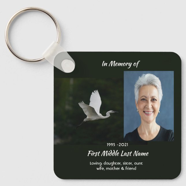 Christian White Egret Bird Memorial Keepsake  Keychain (Front)