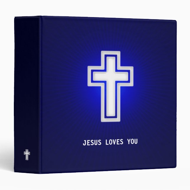 Christian White Glowing Religious Cross Navi Blue 3 Ring Binder (Front/Spine)