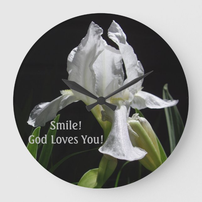 Christian White Iris Smile! God Loves You!  Large Clock (Front)