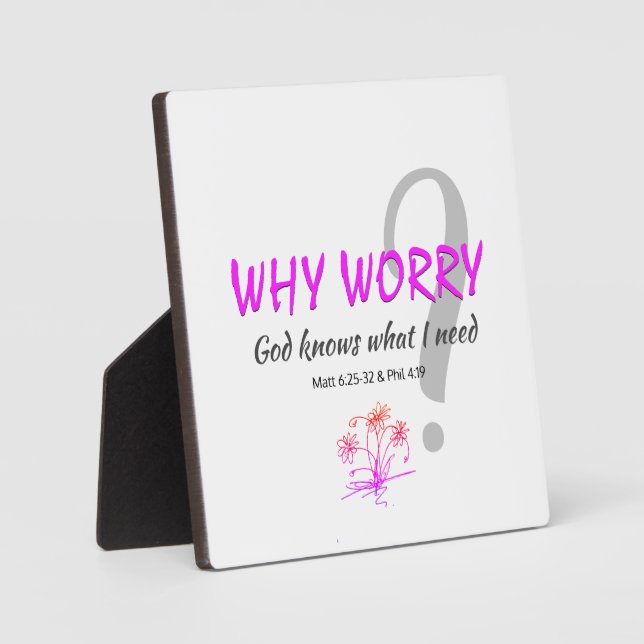 Christian WHY WORRY? GOD KNOWS Matt 6:25 Phil 4:19 Plaque (Front)